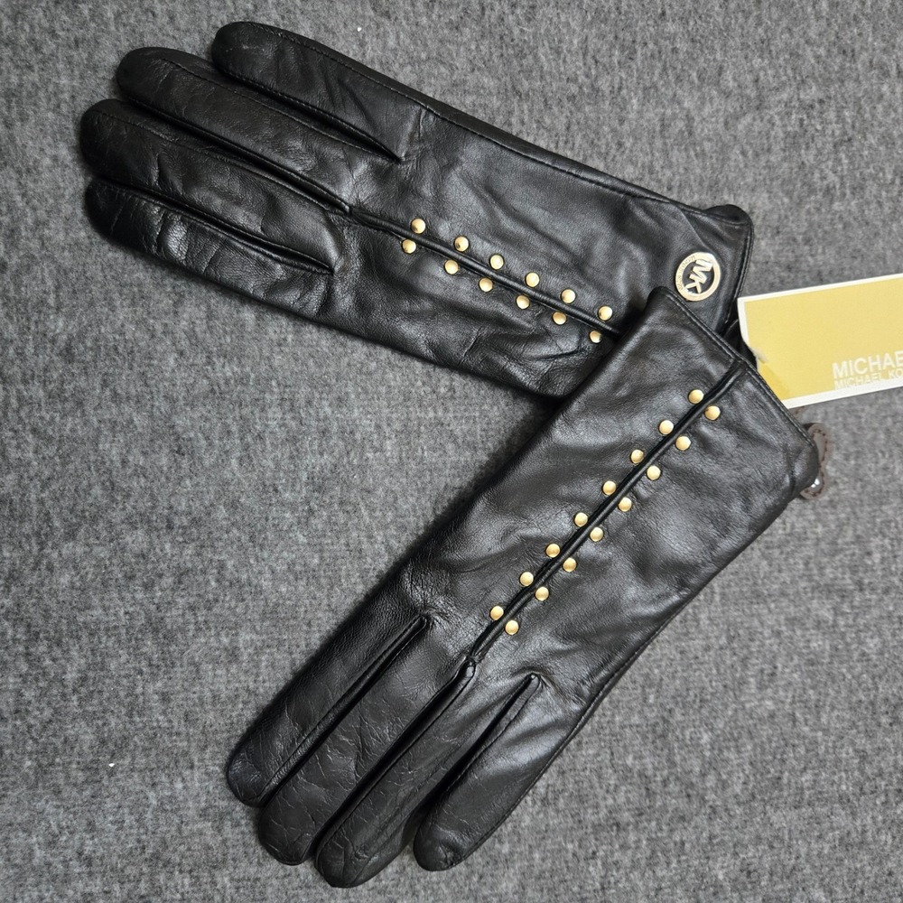 Michael Kors Leather Gloves Women Medium Black Studded Gold Logo Winter Designer